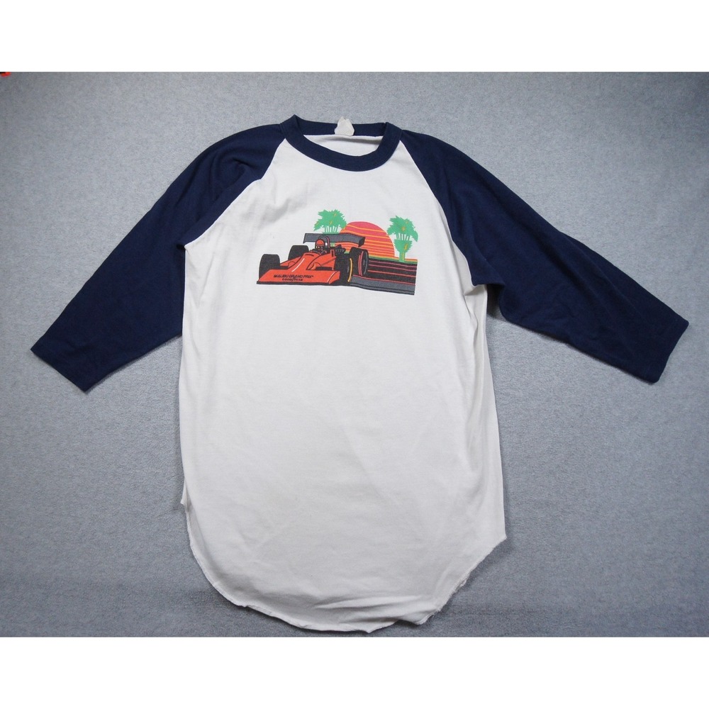 Vintage Malibu Grand Prix Shirt Mens Small White Blue Raglan Race Car Tee 80s